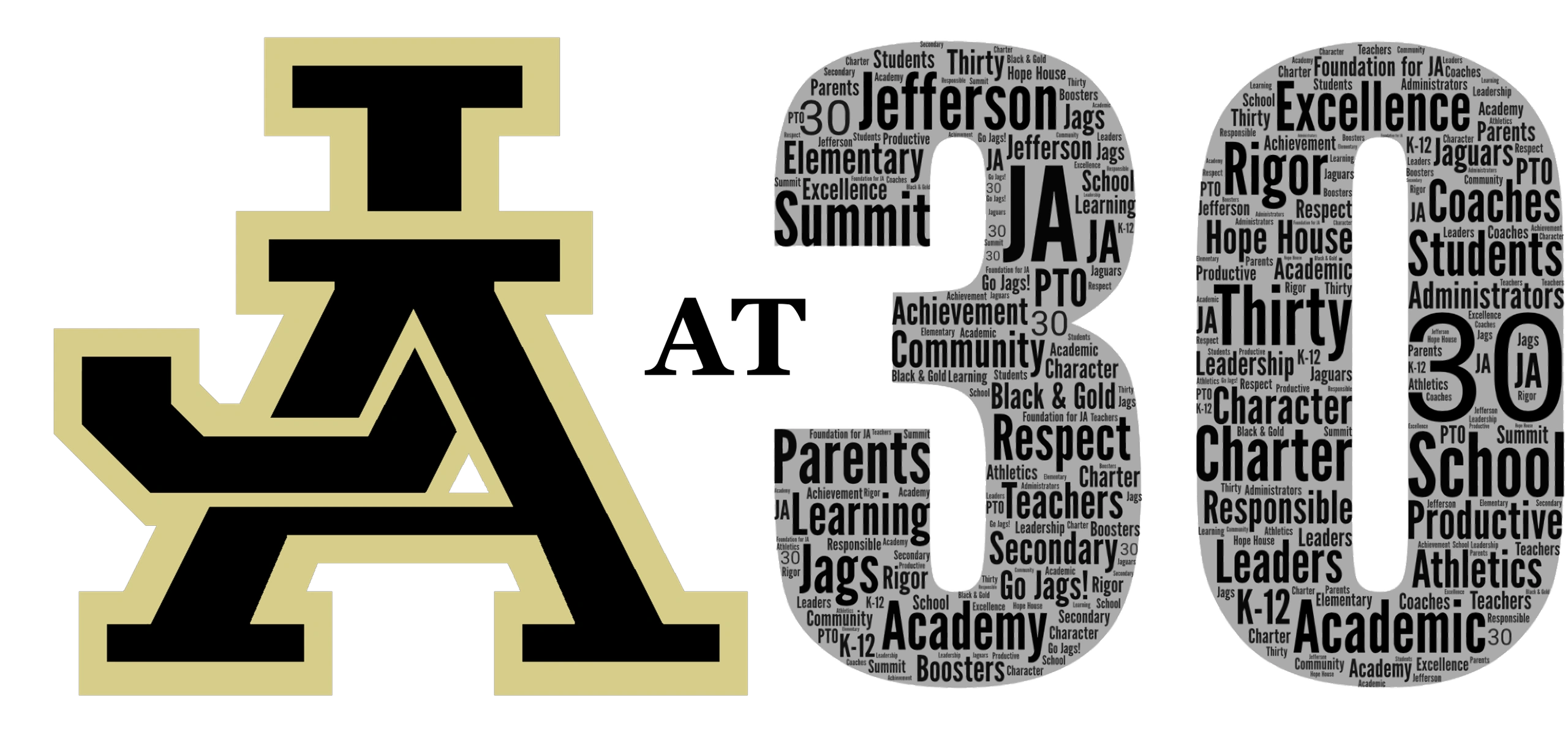 Jefferson Academy at 30 — word cloud celebrating excellence, character, leadership and more
